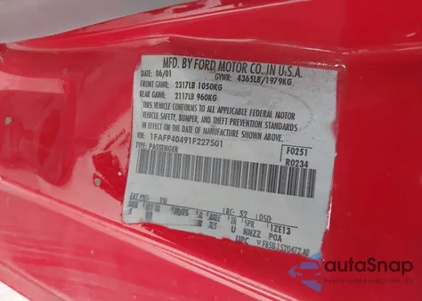 2001 Ford Mustang из США, поврежденный, VIN 1FAFP40491F227501